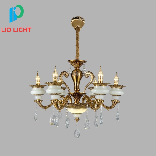 Đèn Chùm Mạ Đồng Chao Đá Tân Cổ Điển Cao Cấp | Lio 6604