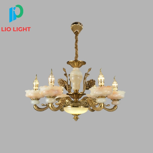 Đèn Chùm Mạ Đồng Chao Đá Tân Cổ Điển Cao Cấp | Lio 6603